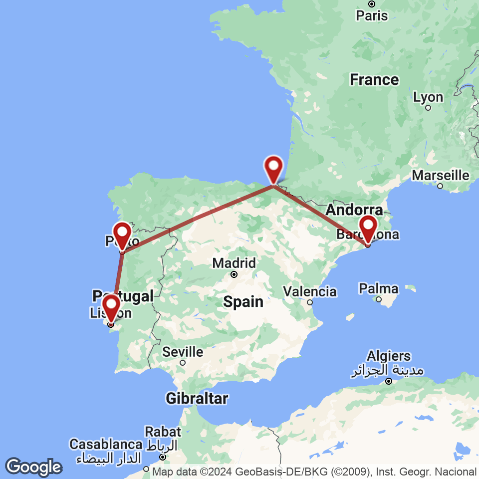 Route for Barcelona, San Sebastian, Porto, Lisbon tour